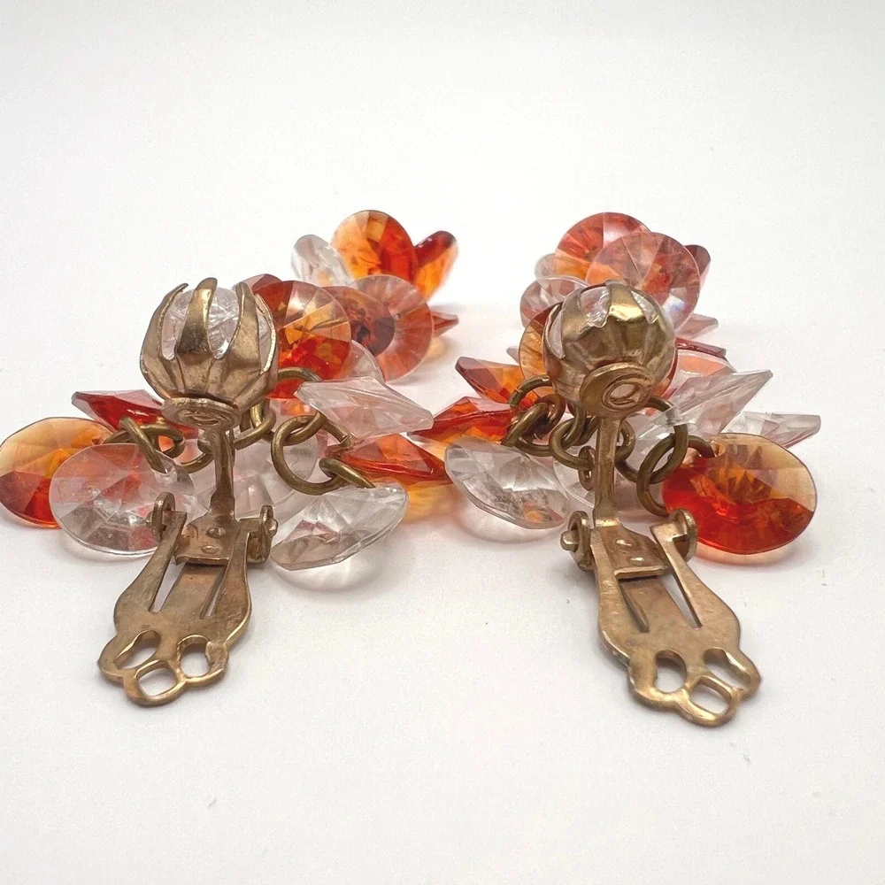 Vintage Lucite Cluster Clip On Earrings‎ Amber Orange Clear Faceted MCM Retro